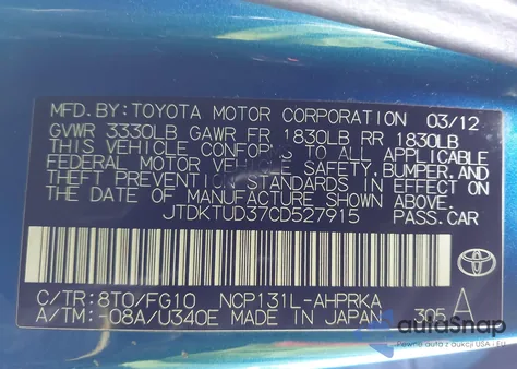 2012 Toyota Yaris Le from USA, damaged, VIN JTDKTUD37CD527915